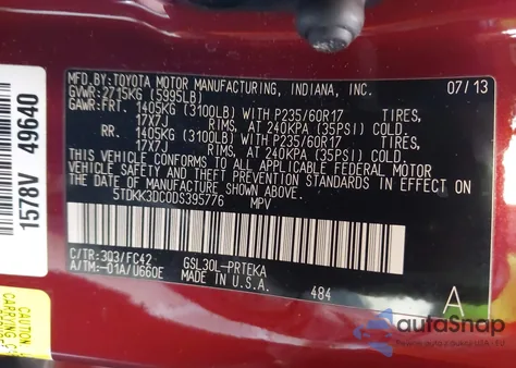 2013 Toyota Sienna Le V6 8 Passenger from USA, damaged, VIN 5TDKK3DC0DS395776